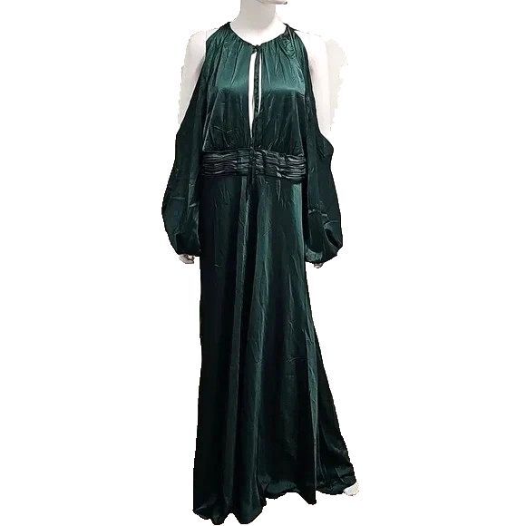 Mac Duggal Gown 55397 Emerald Green Plunge Neck Long Sleeve Satin Sheath 2 NWT - Picture 5 of 6
